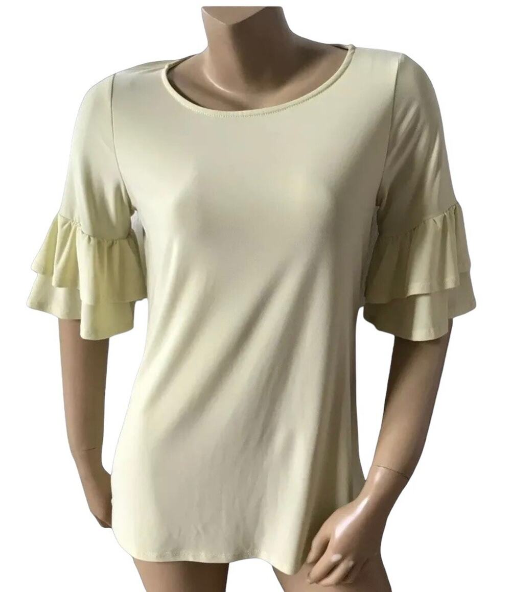 Faith and Joy Monteau Top Womens Small Yellow Ruffle Bell Sleeve Stretch Blouse